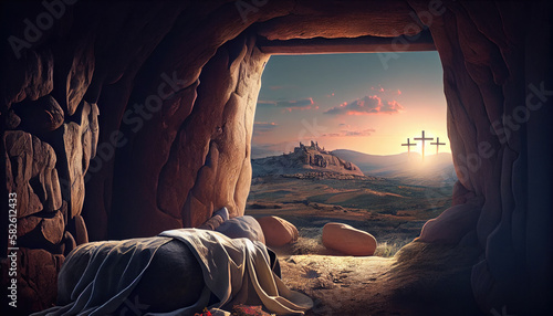 Empty tomb of Jesus Christ. Crucifixions in the rays of the sun. Generative AI