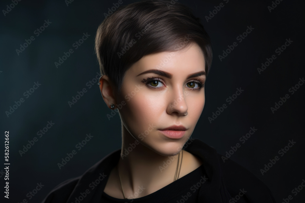 Fototapeta premium Sassy and Confident Woman with Short Hair and Piercing Gaze, generative ai