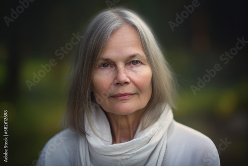 Serene and peaceful portrait of a woman in her 60s with straight hair, wearing a white blouse and a neutral cardigan, with no makeup, generative ai