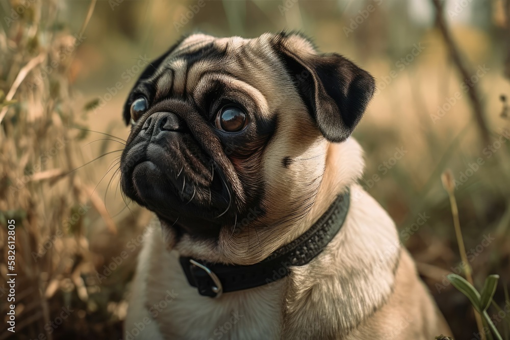 Cute pug dog sitting and paying close attention to the photographer in a portrait. copy space on a grassy background. Generative AI
