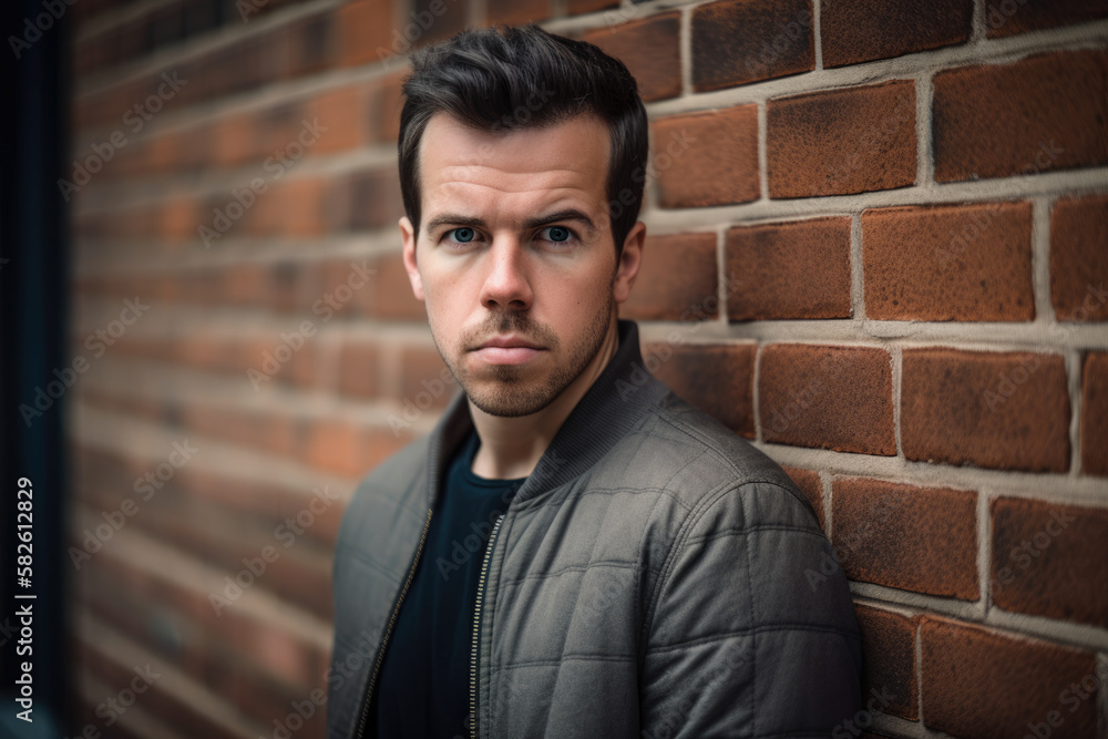 Serious Man Staring Intensely at the Camera against a Textured Brick Wall, generative ai Serious Man Staring Intensely at the Camera against a Textured Brick Wall, generative ai