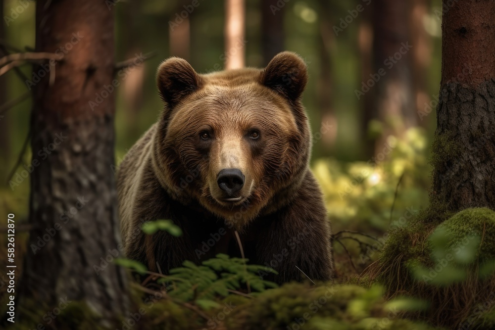 Brown Bear (Ursus Arctos) in the woodland during the summer. Mammal in natural habitat. Nature scene. Generative AI