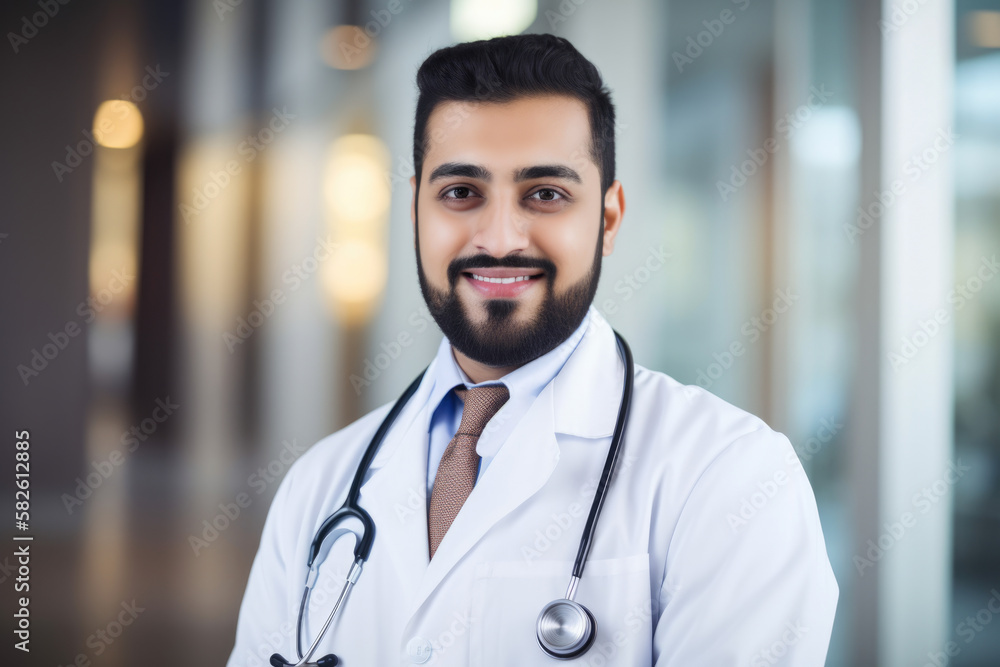 Smiling male doctor in a white lab coat holding a stethoscope with medical equipment in the background, generative ai Smiling male doctor in a white lab coat holding a stethoscope with medical equipment in the background, generative ai