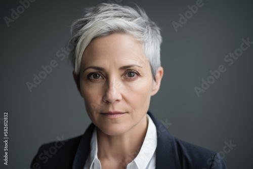 Serious portrait of a woman in her 40s with short gray hair, wearing a white shirt and a black blazer, with no makeup, generative ai