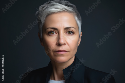 Serious portrait of a woman in her 40s with short gray hair, wearing a white shirt and a black blazer, with no makeup, generative ai