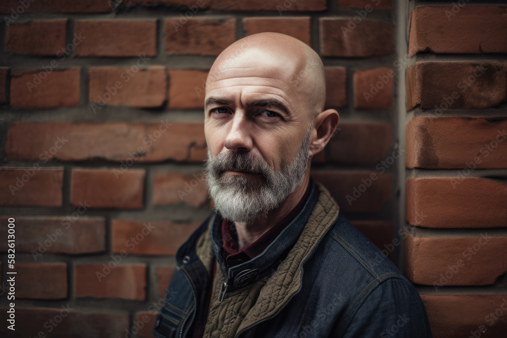 Stoic Man Standing Firmly in Front of a Weathered Brick Wall, generative ai Stoic Man Standing Firmly in Front of a Weathered Brick Wall, generative ai