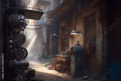 steampunk alley created using AI Generative Technology
