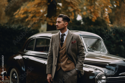 Stylish gentleman posing in a vintage tweed jacket and bowtie with a classic car in the background, generative ai © aicandy