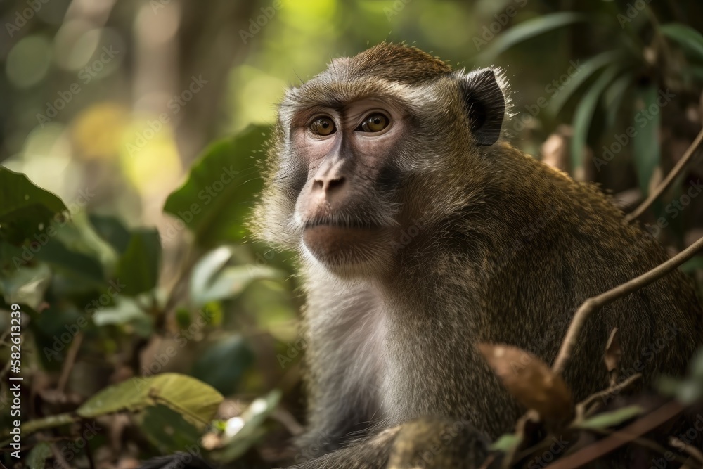 Portrait of a toque monkey (Macaca sinica) seated near a green bush. Generative AI Portrait of a toque monkey (Macaca sinica) seated near a green bush. Generative AI