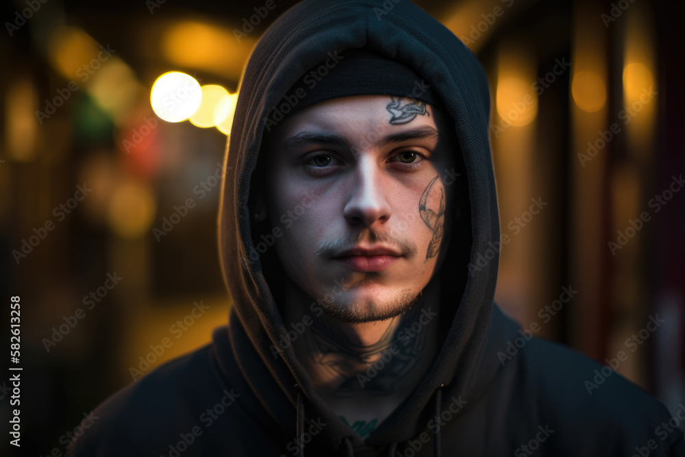 Underground vibes Portrait of a man with a tattoo on his neck, wearing a black hoodie and a beanie, with a brooding expression on his face, generative ai Underground vibes Portrait of a man with a tattoo on his neck, wearing a black hoodie and a beanie, with a brooding expression on his face, generative ai