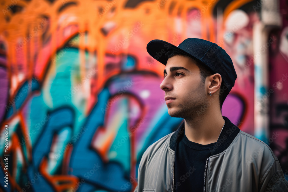 Urban style portrait of a young man with a baseball cap and a bomber jacket, standing against a colorful graffiti wall, generative ai