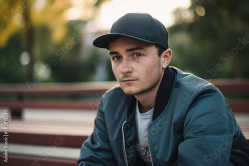Thoughtful portrait of a young man with a baseball cap and a bomber jacket, sitting on a bench in a park, generative ai