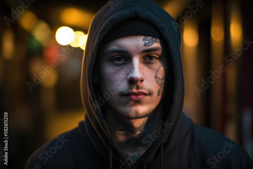 Underground vibes Portrait of a man with a tattoo on his neck, wearing a black hoodie and a beanie, with a brooding expression on his face, generative ai