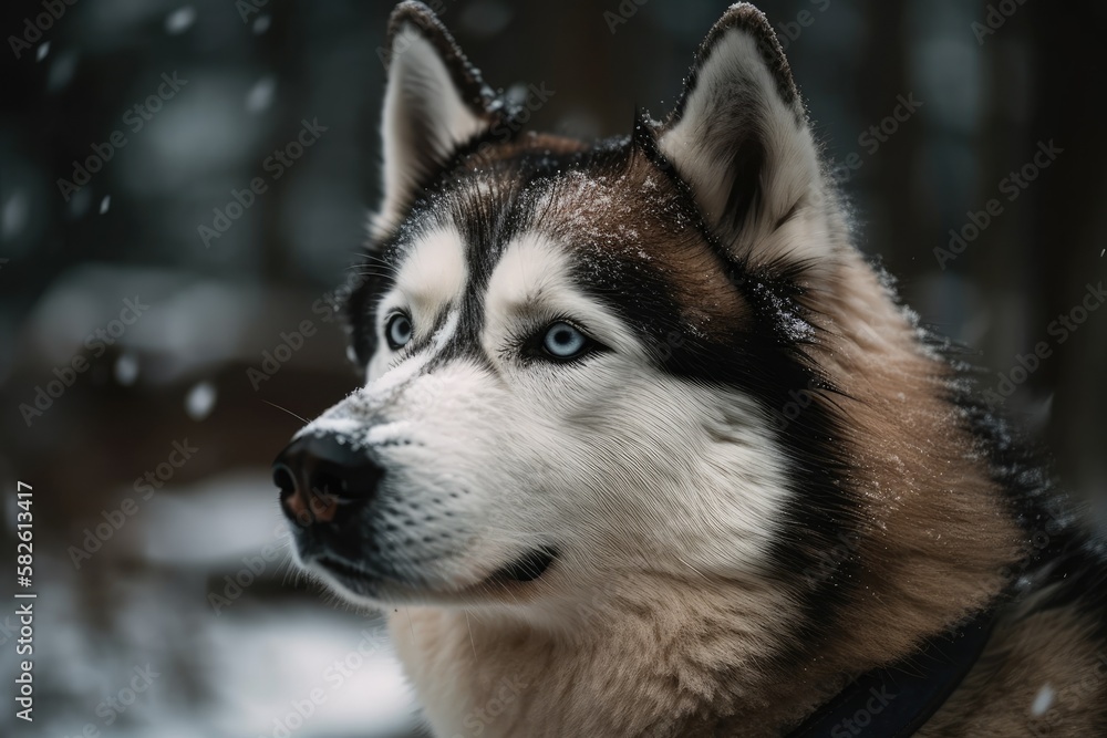 Obraz premium Fluffy Husky Dog Portrait Photograph. Picture of a Syberian Husky Dog. Generative AI