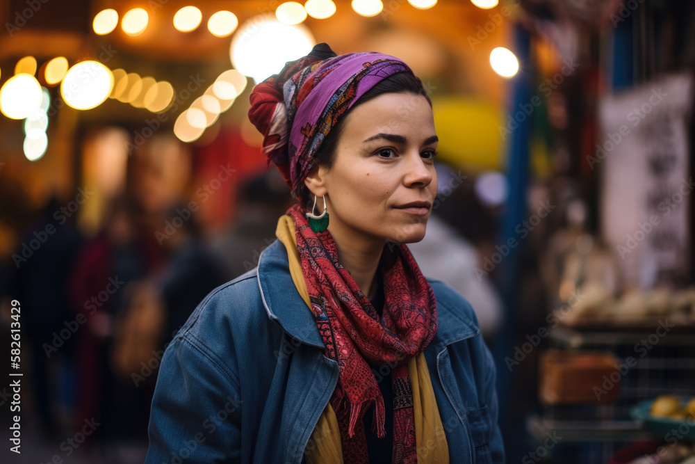 Woman with a Colorful Headscarf and Denim Jacket Strolling through a Vibrant Street Market, generative ai Woman with a Colorful Headscarf and Denim Jacket Strolling through a Vibrant Street Market, generative ai