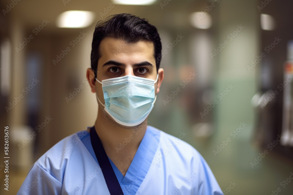 Young male doctor wearing a surgical mask and protective gear in a hospital setting, generative ai