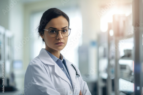 Young female doctor in lab coat looking at medical charts with serious expression in a hospital setting, generative ai