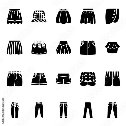 Icons set of pants  shorts and skirt.