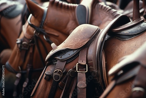 Horses Polo Saddles Paddock Close up image of polo horses and ponies in paddock, saddled for a game. Generative AI © AkuAku