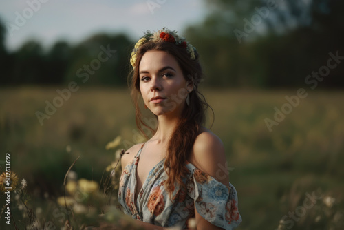 Young woman with a floral headband and a flowing dress standing in a field of wildflowers, generative ai