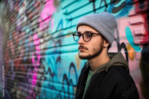 Young hipster with a beanie and glasses posing in front of colorful street art, generative ai