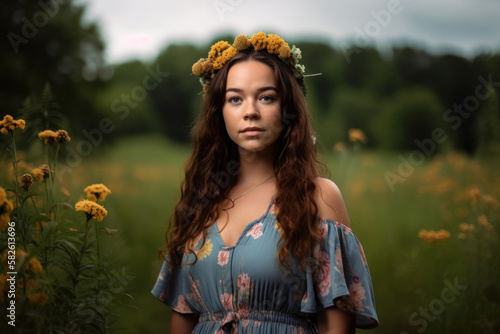 Young woman with a floral headband and a flowing dress standing in a field of wildflowers  generative ai