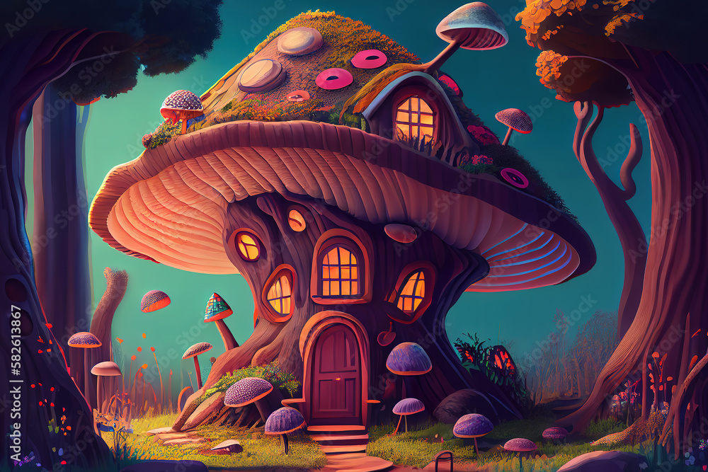A forest with a mushroom house. Generative Ai