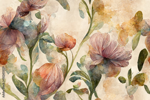 Digital floral backdrop texture pattern painted in watercolor, seamless background, continuous wallpaper, generative ai