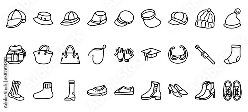 Accessories Icon Set .Hat, bag, and shoes.