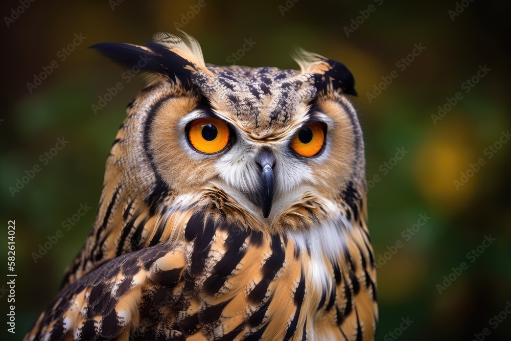 Obraz premium One type of eagle owl is the Eurasian eagle owl (Bubo bubo). In Europe, where it is the only member of its genus save the snowy owl, it is also known as the European eagle owl. Generative AI