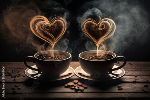 Cups of coffee with steam in two heart shape, generative AI