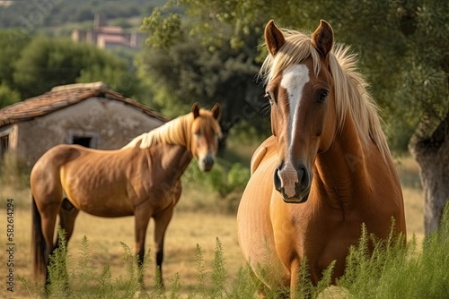 Yellow pony pictured beside brown horse in a stunning Tuscan backdrop. Generative AI