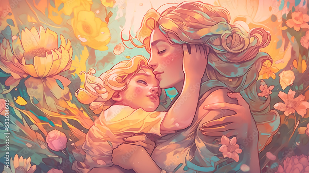 Heartwarming scene of a mother and child sharing a tender embrace surrounded by pastel-colored flowers, symbolizing love and appreciation.
