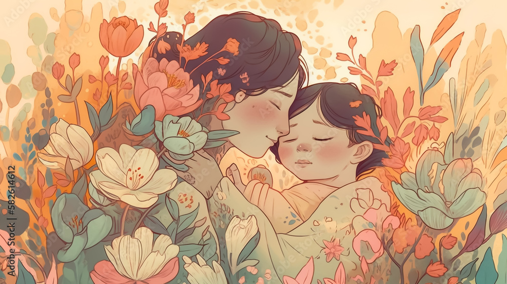 A heartwarming scene of an Asian mother and child sharing a tender embrace surrounded by pastel-colored flowers, symbolizing love and appreciation.
