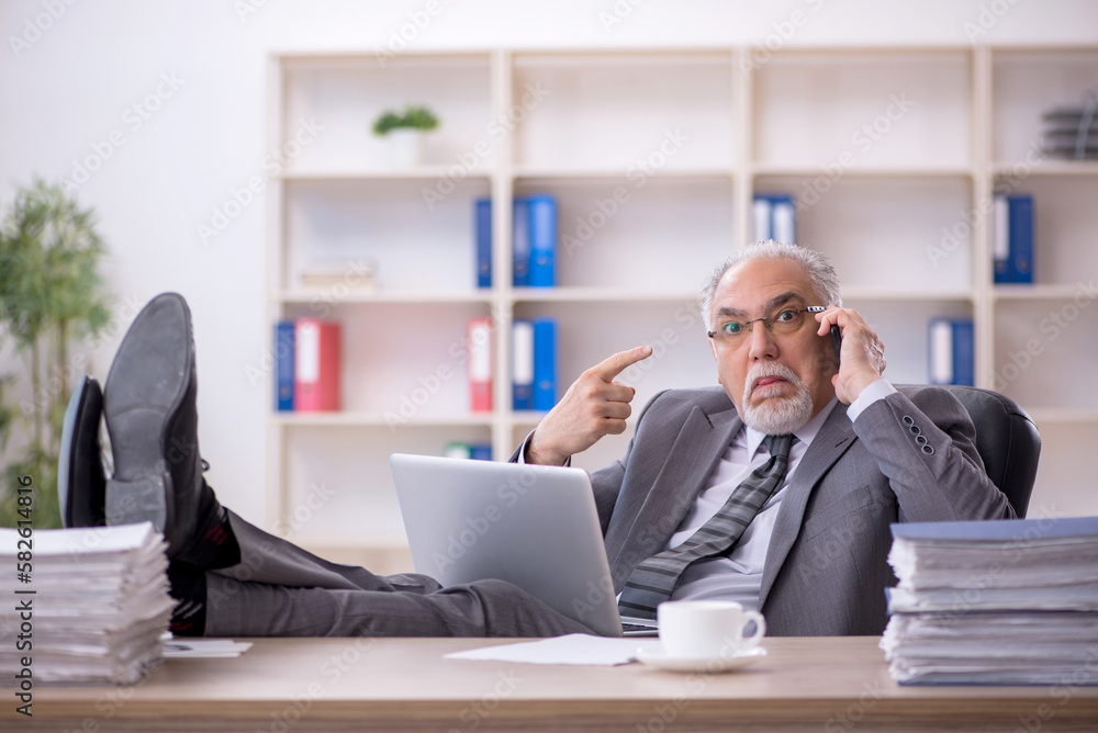 Old male employee working in the office Old male employee working in the office