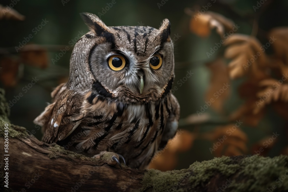 Scopus owl of Europe Otus scops are perched on a branch. Untamable bird. Generative AI Scopus owl of Europe Otus scops are perched on a branch. Untamable bird. Generative AI