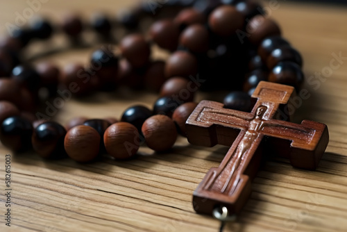 A wooden rosary in macro photography showcases the intricate details and divine essence of Christianity