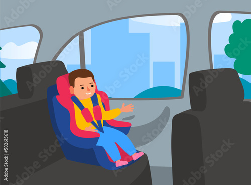 little boy sitting in a car seat child safety transportation incside auto vector illustration