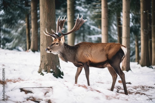 A wintertime image of a deer in its natural habitat. Generative AI © AkuAku