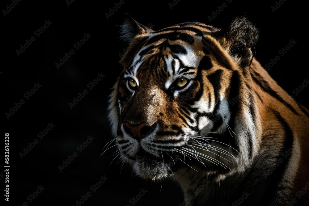 In the dark, a portrait of a beautiful head Amur Tiger. Generative AI In the dark, a portrait of a beautiful head Amur Tiger. Generative AI