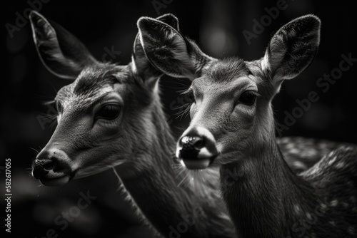 Two gorgeous Bawean deer in black and white against a dark background. Generative AI photo