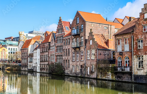 The river and medieval houses of Ghent, a city in the Flemish region of Belgium. Travel concept