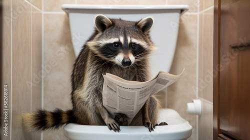 Raccoon on Toilet, Readings Newspaper. Generative AI.