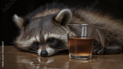 Unkempt Raccoon Drinking Whisky. Generative AI.