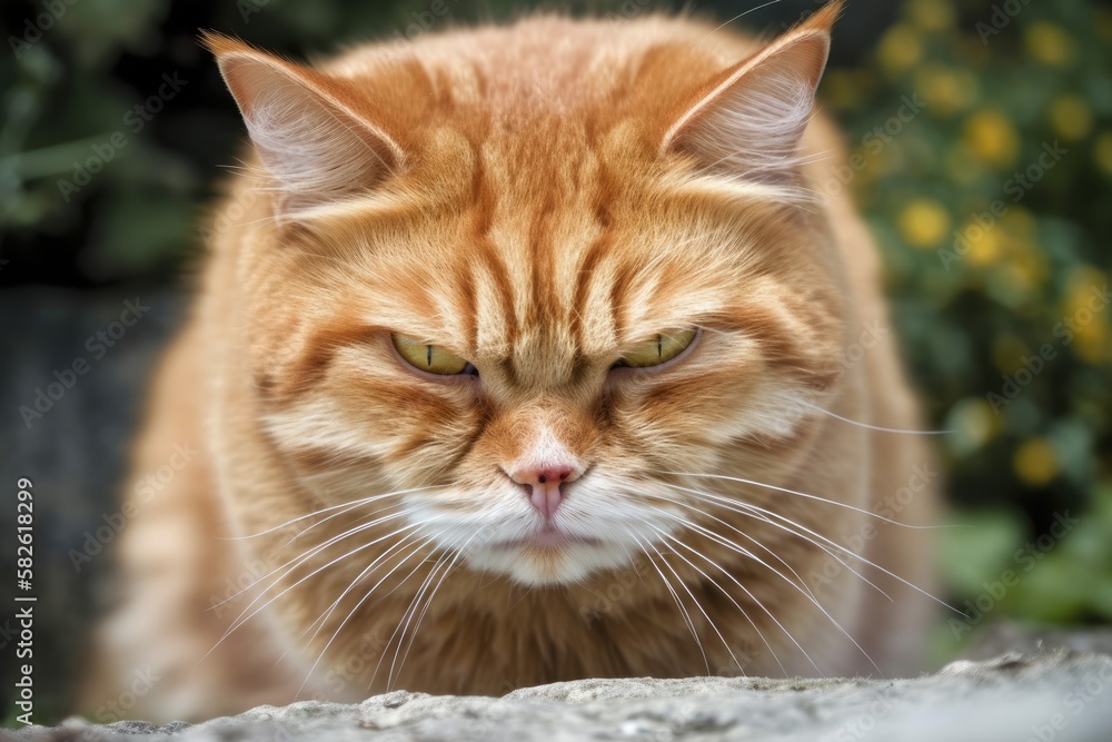 Portrait of an angry unhappy red tabby cat. Generative AI
