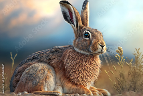 Closeup view of a premium illustration of hare  rabbit relaxing in the forest enjoying nature  safe Atmosphere bright Sky in the background  Children s Story  Kid hare  blur  4K  Animal Wallpaper  AI