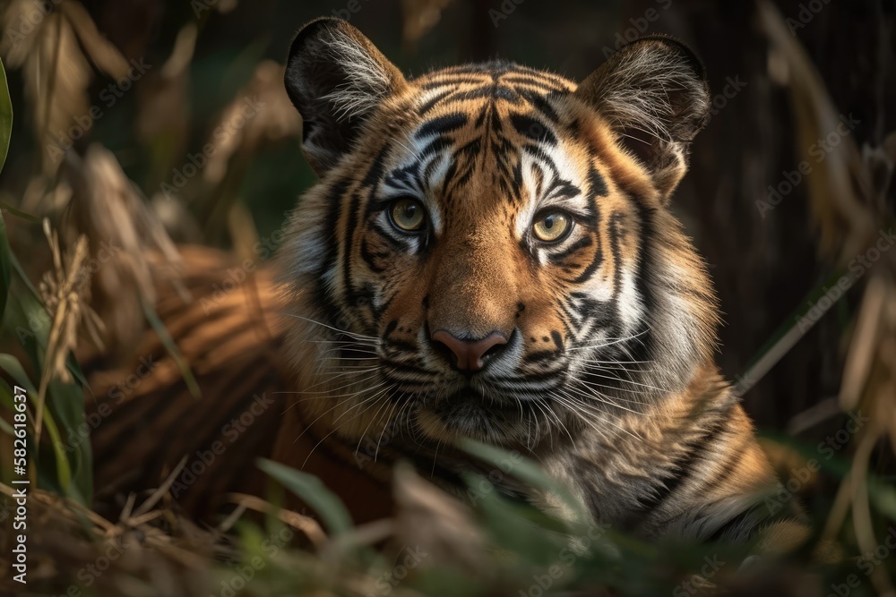 Fototapeta premium Tiger in the grass portrait. Generative AI