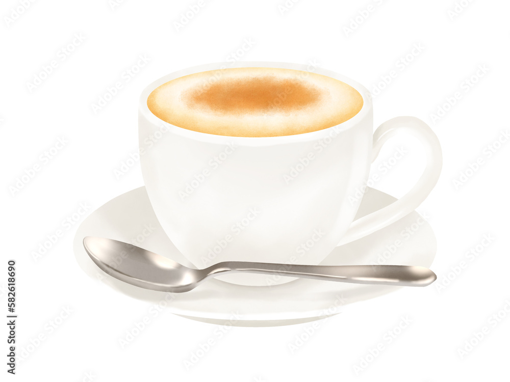 シナモンパウダーをかけたカプチーノ(コーヒーカップ、ソーサー、スプーン) シナモンパウダーをかけたカプチーノ(コーヒーカップ、ソーサー、スプーン)