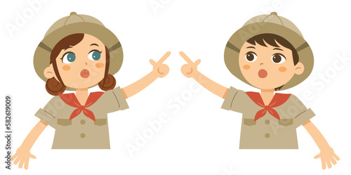 指差しをする探検隊の子どもたち バストアップ