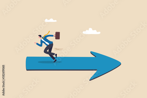 Wrong direction lead to mistake, leadership decision to be difference or opposite, mislead or false to get lost concept, confused businessman running in wrong opposite direction of trend arrow.